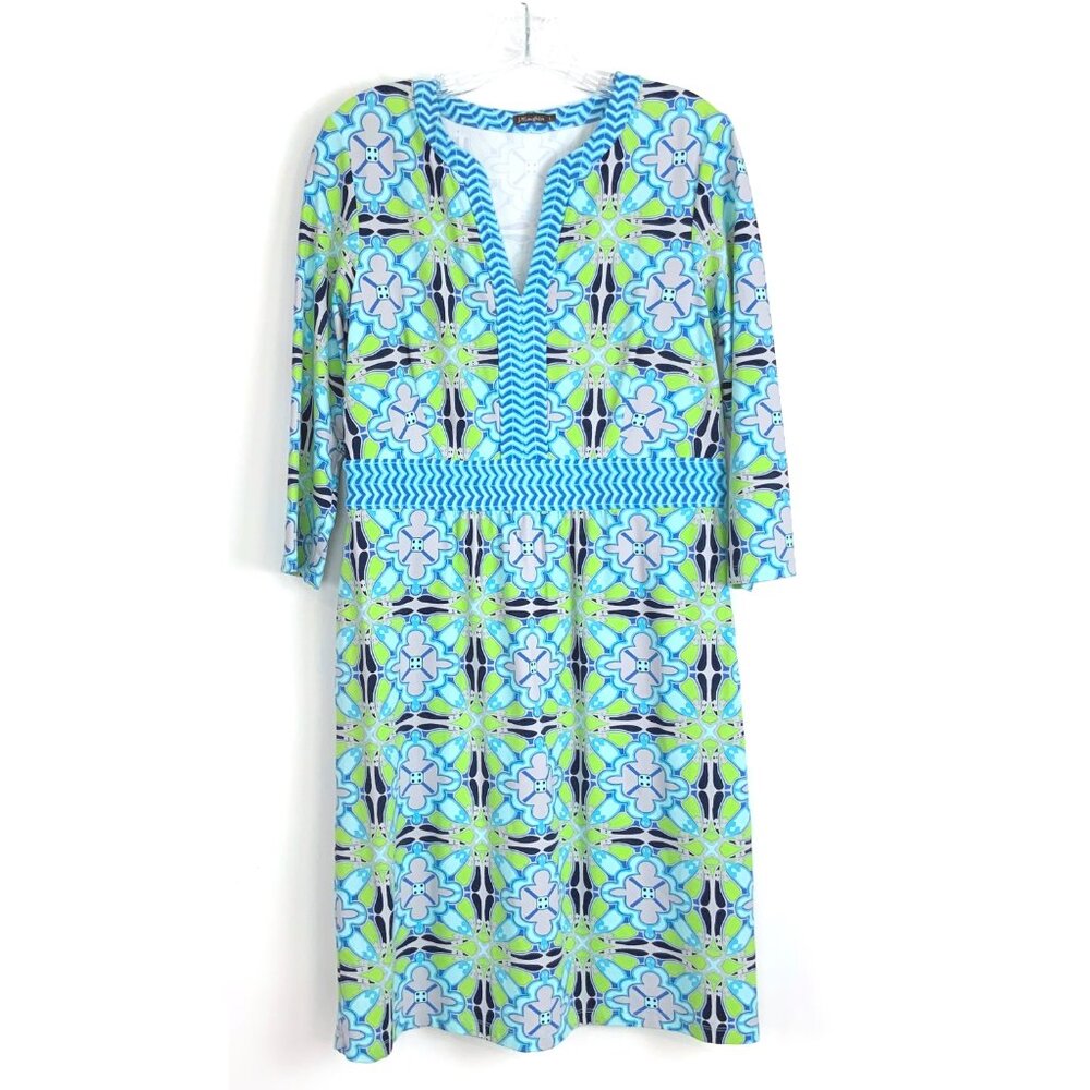 J. McLaughlin Blue, Lime & Navy Geometric 3/4 Sleeve Dress Large